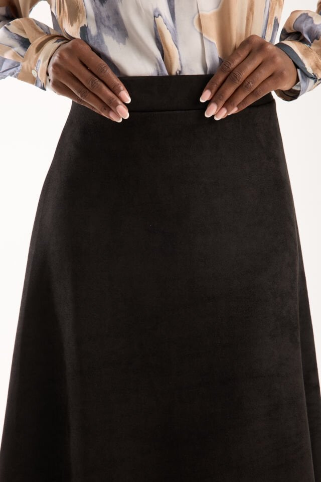 Kadın 90cm Uzun Tam Boy Kloş  Süet Etek 2426 SİYAH - S