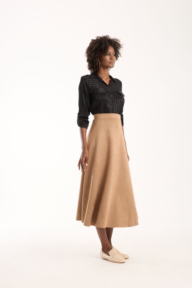 UZUN SÜET ETEK - 90 CM TAM BOY KLOŞ SÜET ETEK BEJ - M