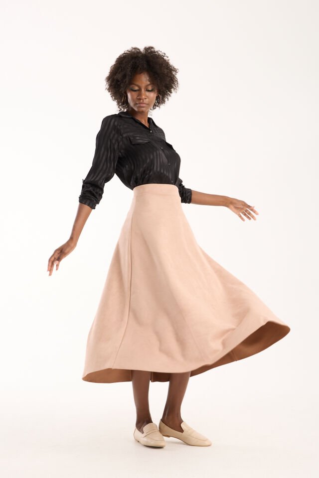 UZUN SÜET ETEK - 90 CM TAM BOY KLOŞ SÜET ETEK EKRU - M