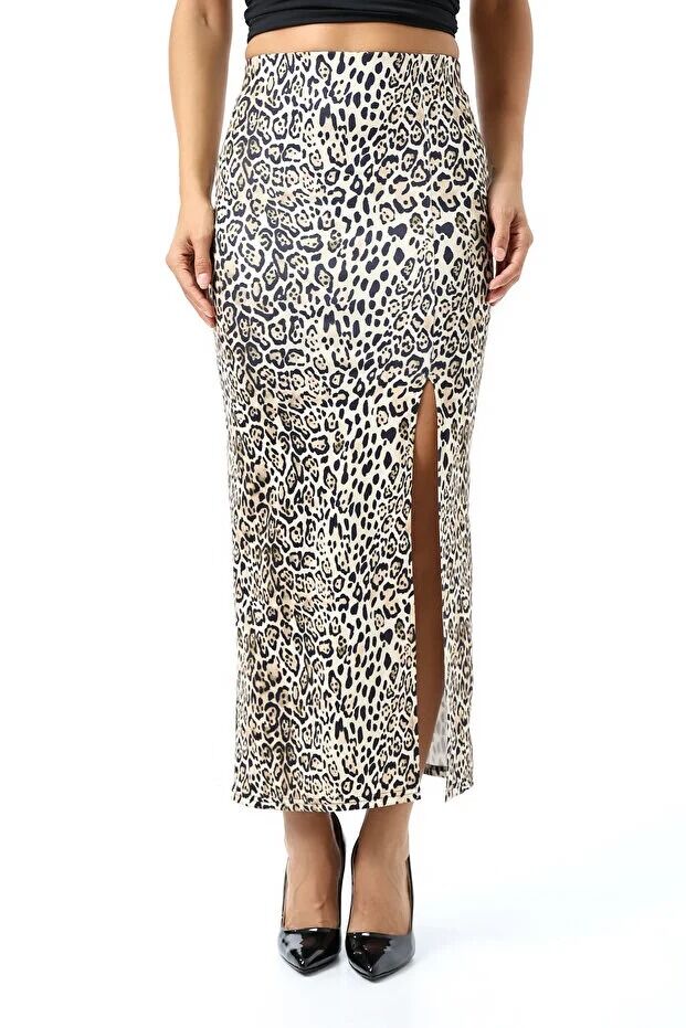 Dalgıç Kumaş Yırtmaçlı Uzun Etek Maxi Boy 92 Cm L - BORDO ZEBRA DESENLİ