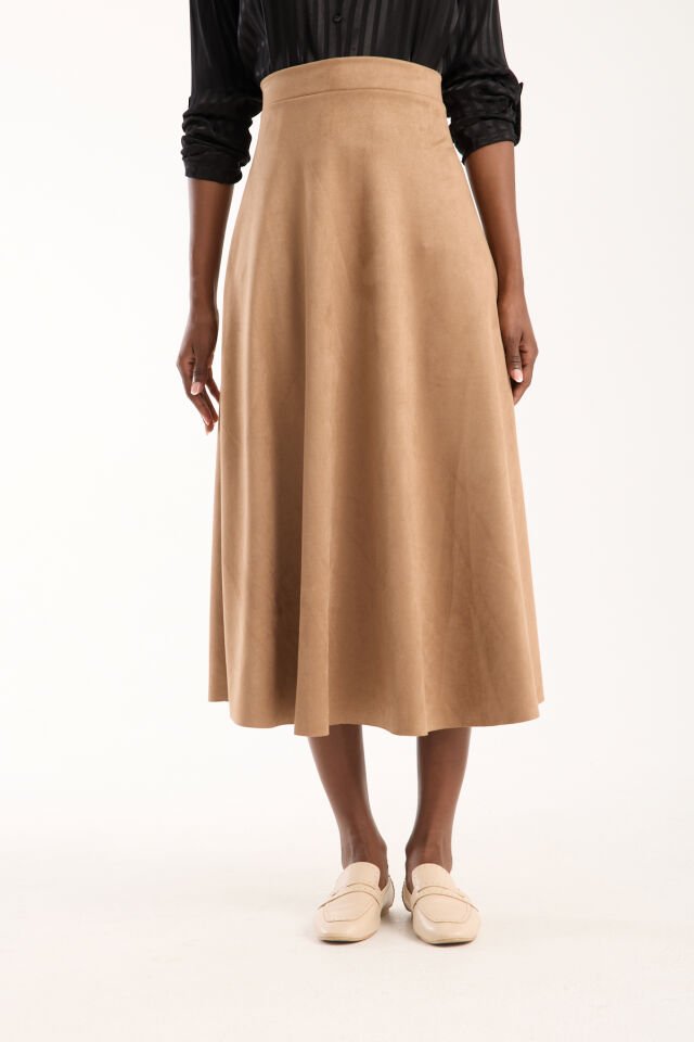 Kadın 90cm Uzun Tam Boy Kloş  Süet Etek 2426 BEJ - L