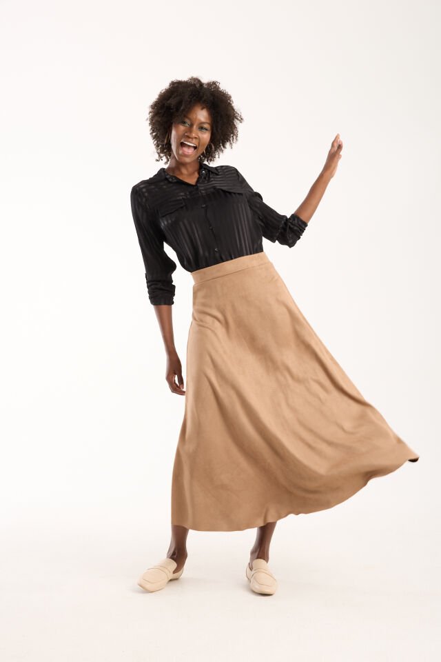 Kadın 90cm Uzun Tam Boy Kloş  Süet Etek 2426 BEJ - L