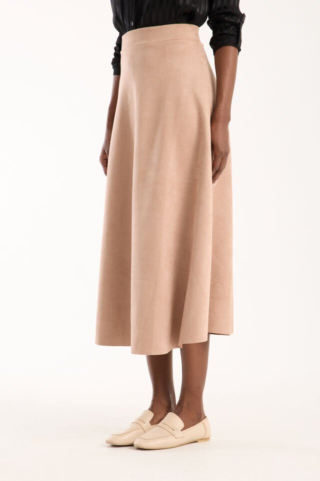 Kadın 90cm Uzun Tam Boy Kloş  Süet Etek 2426 EKRU - L