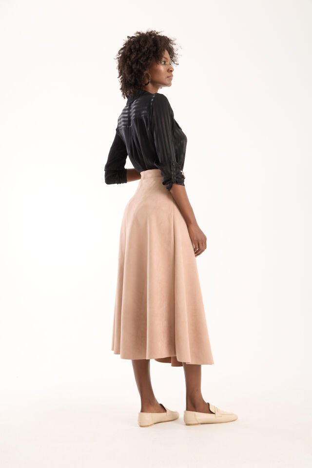 Kadın 90cm Uzun Tam Boy Kloş  Süet Etek 2426 EKRU - L