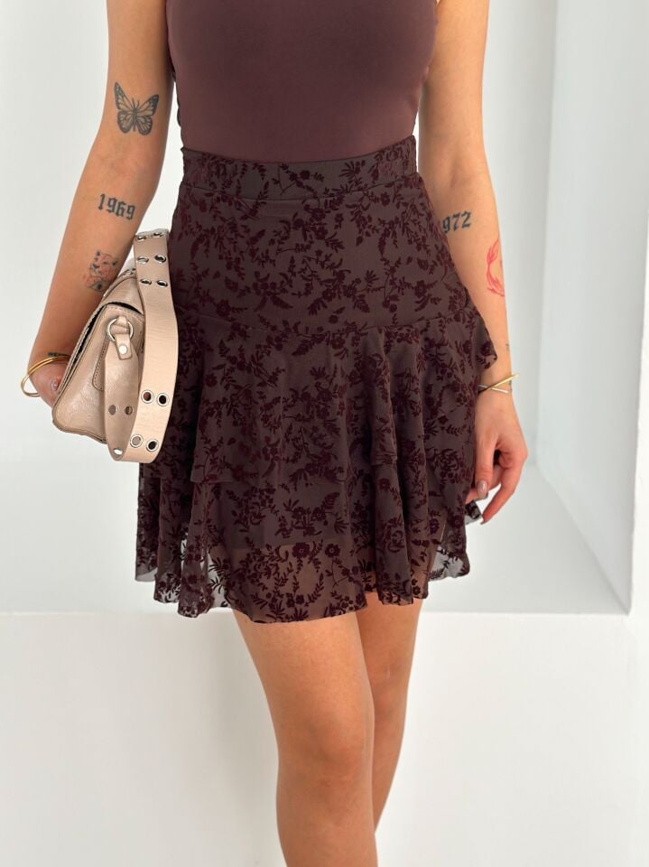 Kadın Flok Baskılı  İçi Astarlı Tül Mini Etek S - KAHVERENGİ