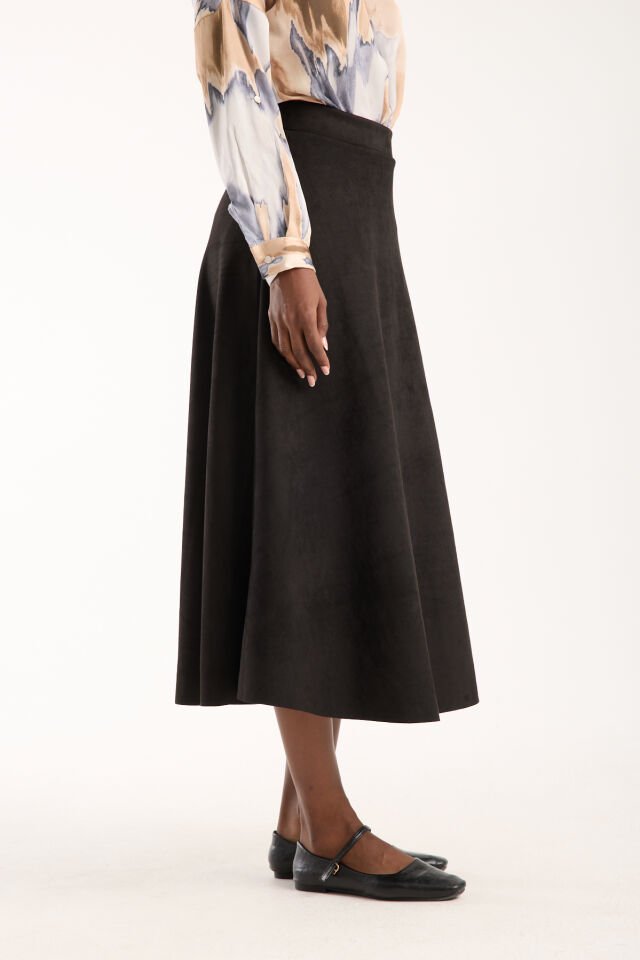 Kadın 90cm Uzun Tam Boy Kloş  Süet Etek 2426 SİYAH - L