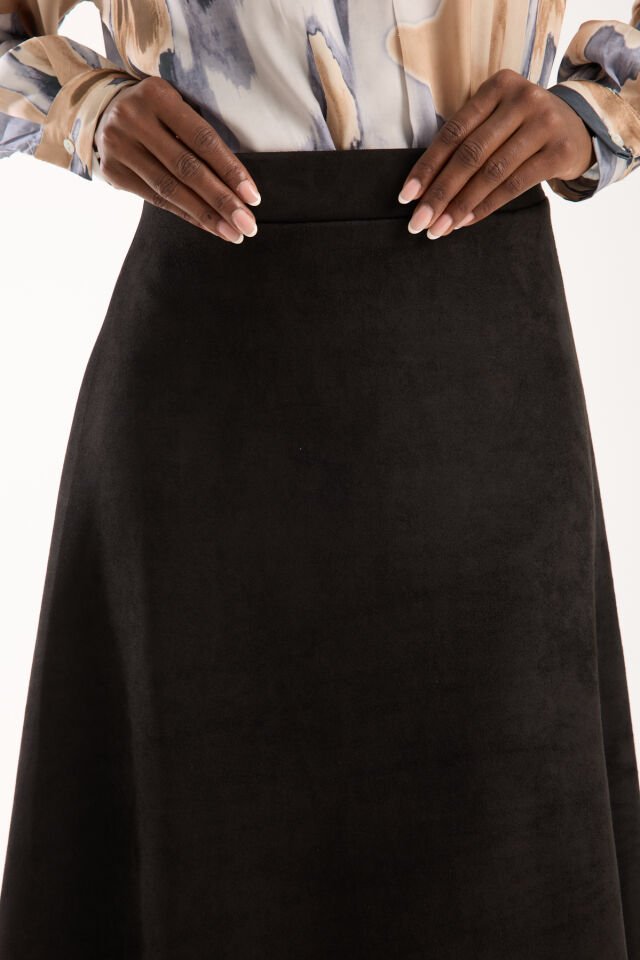 Kadın 90cm Uzun Tam Boy Kloş  Süet Etek 2426 SİYAH - L