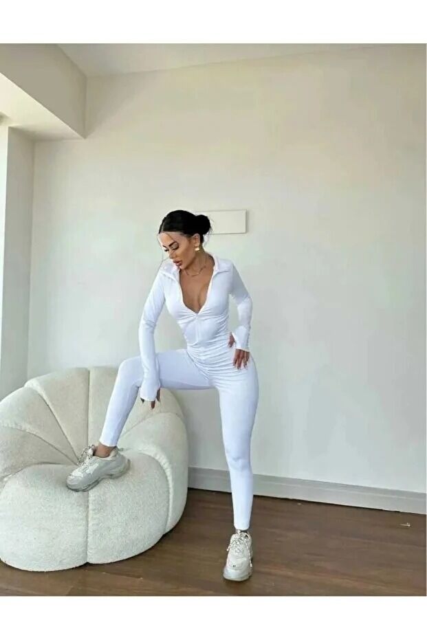 Kadın İçi  Polarlı Kışlık Uzun Tayt Tulum XL - BEYAZ