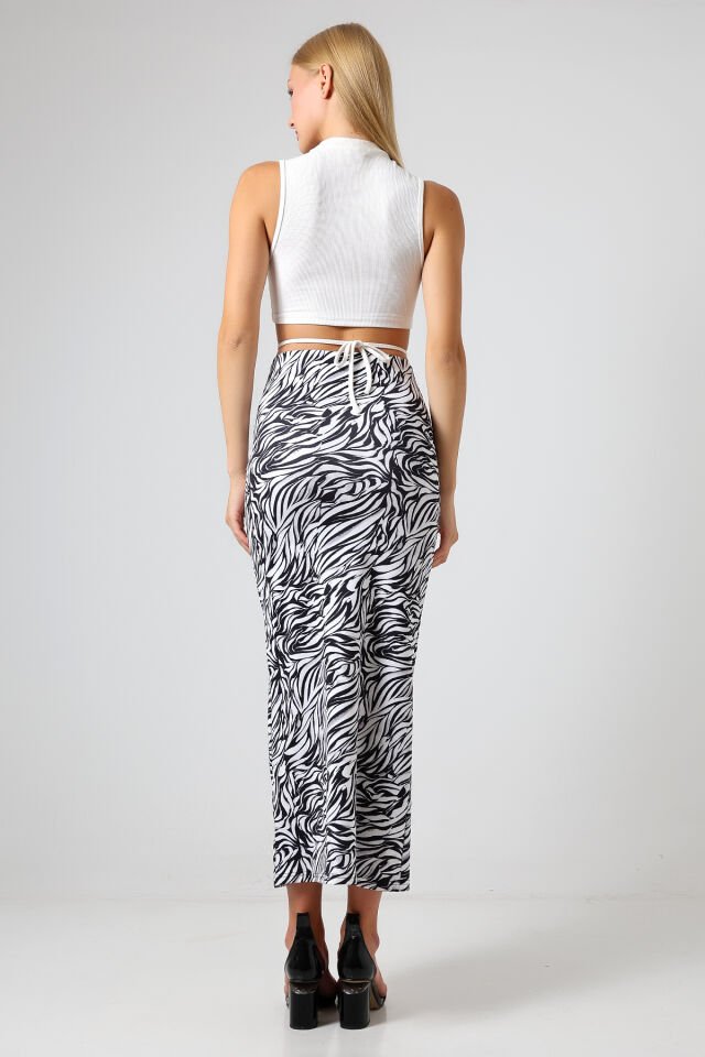 Dalgıç Kumaş Yırtmaçlı Uzun Etek Maxi Boy 92 Cm M - BEYAZ  ZEBRA DESENLİ