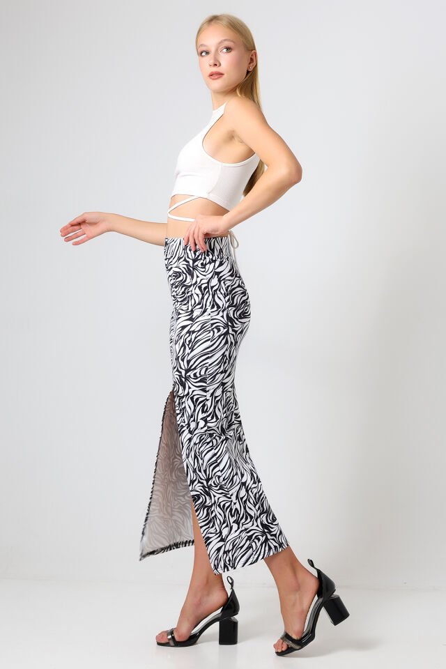 Dalgıç Kumaş Yırtmaçlı Uzun Etek Maxi Boy 92 Cm M - BEYAZ  ZEBRA DESENLİ