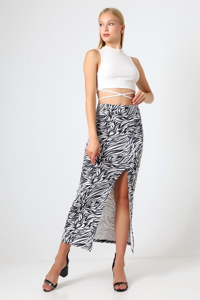 Dalgıç Kumaş Yırtmaçlı Uzun Etek Maxi Boy 92 Cm XL - BEYAZ  ZEBRA DESENLİ