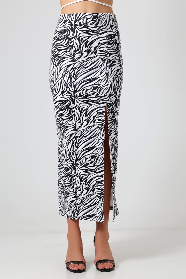 Dalgıç Kumaş Yırtmaçlı Uzun Etek Maxi Boy 92 Cm XL - BEYAZ  ZEBRA DESENLİ