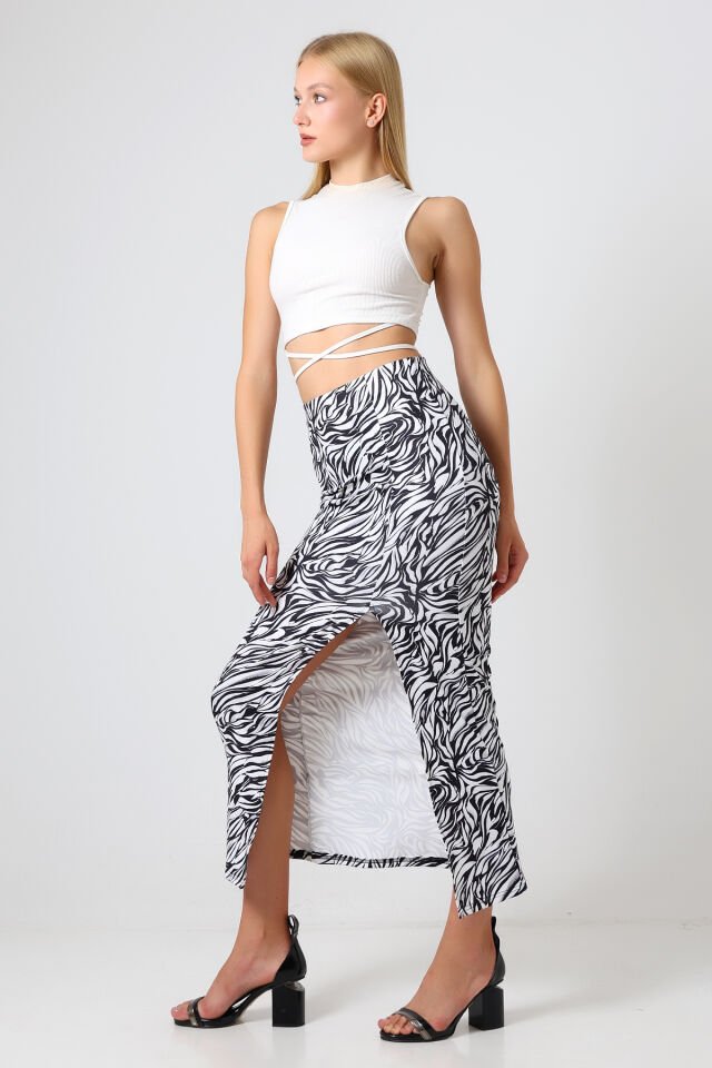 Dalgıç Kumaş Yırtmaçlı Uzun Etek Maxi Boy 92 Cm XL - BEYAZ  ZEBRA DESENLİ