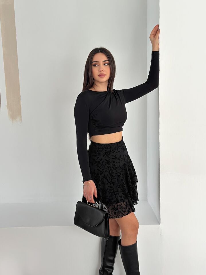 Kadın Flok Baskılı  İçi Astarlı Tül Mini Etek XL - SİYAH