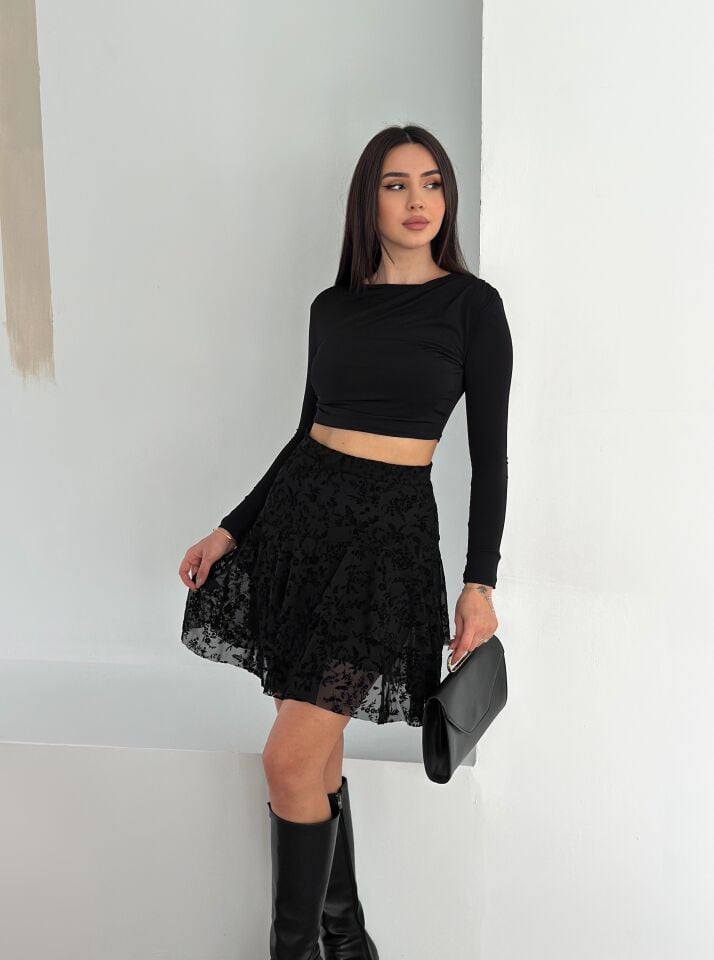 Kadın Flok Baskılı  İçi Astarlı Tül Mini Etek XL - SİYAH