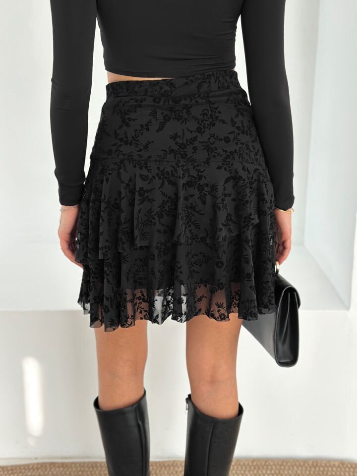 Kadın Flok Baskılı  İçi Astarlı Tül Mini Etek XL - SİYAH