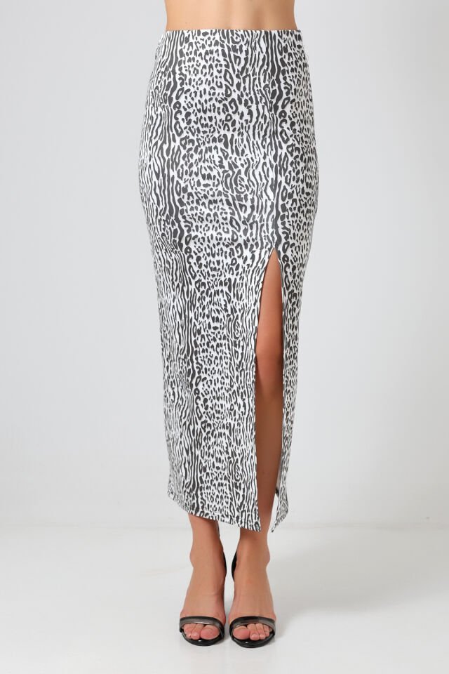 Dalgıç Kumaş Yırtmaçlı Uzun Etek Maxi Boy 92 Cm M - AÇIK SİYAH LEOPAR DESENLİ