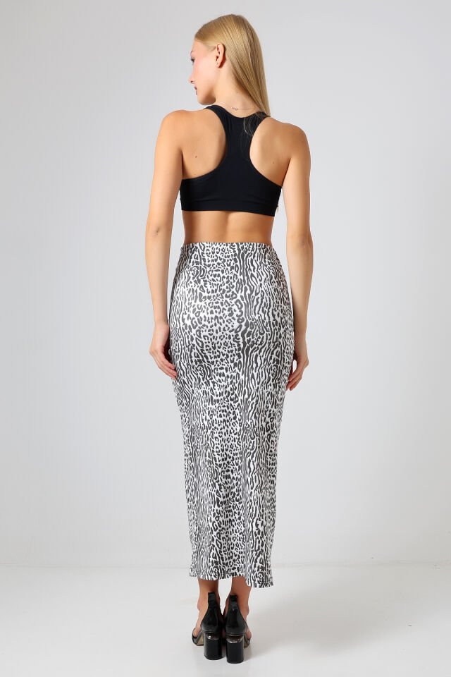 Dalgıç Kumaş Yırtmaçlı Uzun Etek Maxi Boy 92 Cm XL - AÇIK SİYAH LEOPAR DESENLİ
