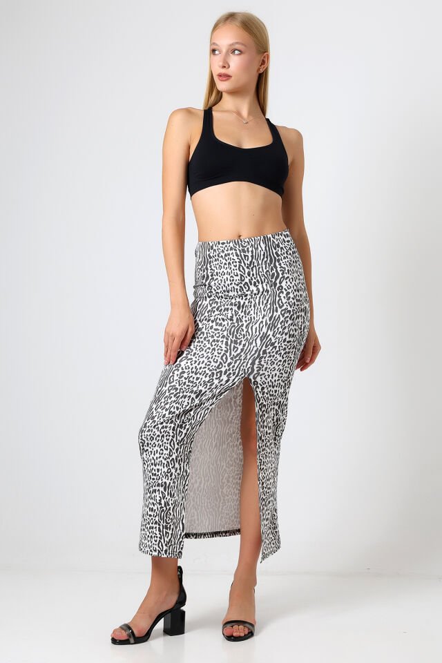 Dalgıç Kumaş Yırtmaçlı Uzun Etek Maxi Boy 92 Cm XL - AÇIK SİYAH LEOPAR DESENLİ