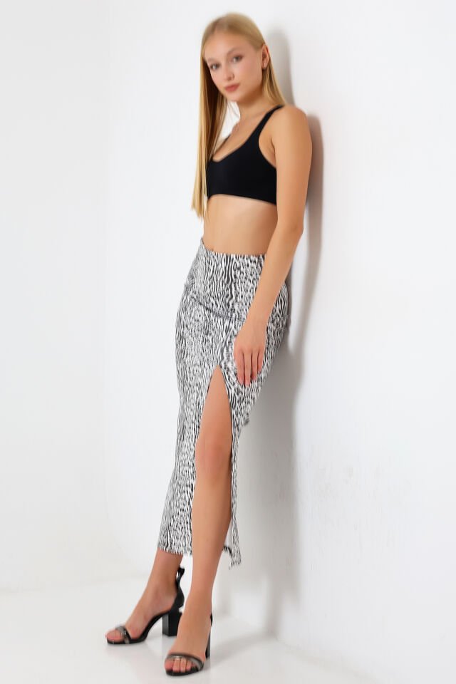 Dalgıç Kumaş Yırtmaçlı Uzun Etek Maxi Boy 92 Cm XL - AÇIK SİYAH LEOPAR DESENLİ