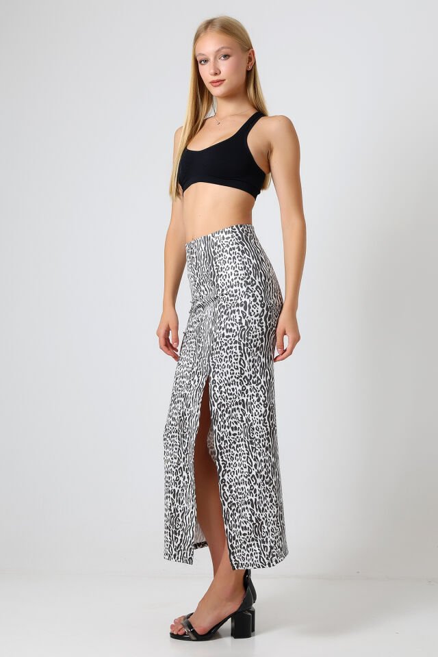 Dalgıç Kumaş Yırtmaçlı Uzun Etek Maxi Boy 92 Cm XL - AÇIK SİYAH LEOPAR DESENLİ