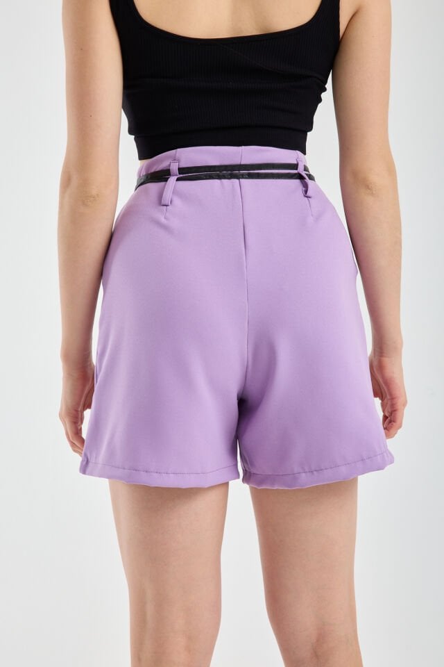 Kadın Çift Biye Kemerli Yüksek Bel  Pileli Günlük Şort 2441 XL - LİLA