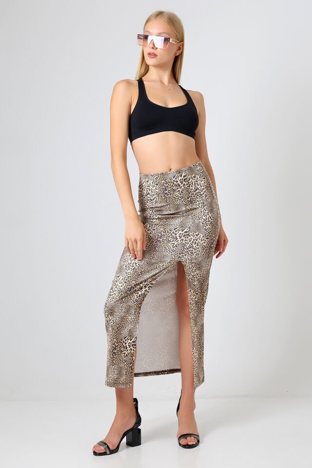Dalgıç Kumaş Yırtmaçlı Uzun Etek Maxi Boy 92 Cm XL - BEJ ORJİNAL LEOPAR DESENLİ