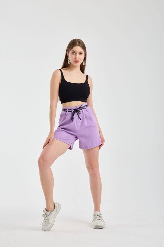Kadın Çift Biye Kemerli Yüksek Bel  Pileli Günlük Şort 2441 XL - LİLA