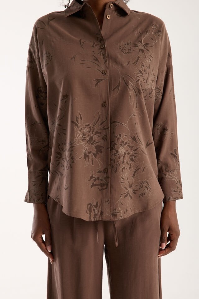 Kadın Desenli ve Dokulu Salaş Alt ve Üst Takım 1200CAR XL - KAHVERENGİ