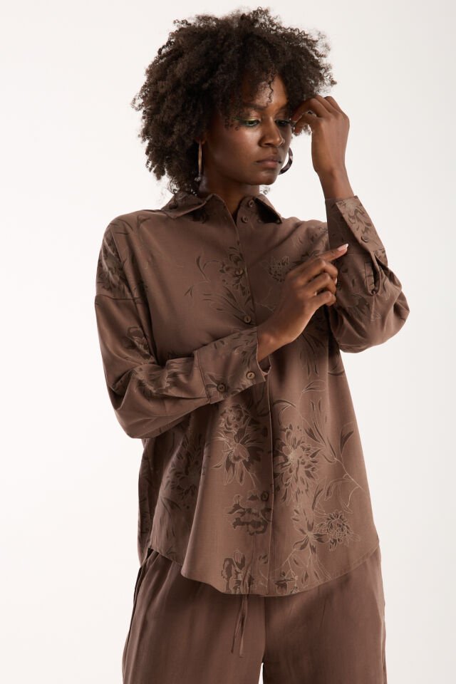 Kadın Desenli ve Dokulu Salaş Alt ve Üst Takım 1200CAR XL - KAHVERENGİ