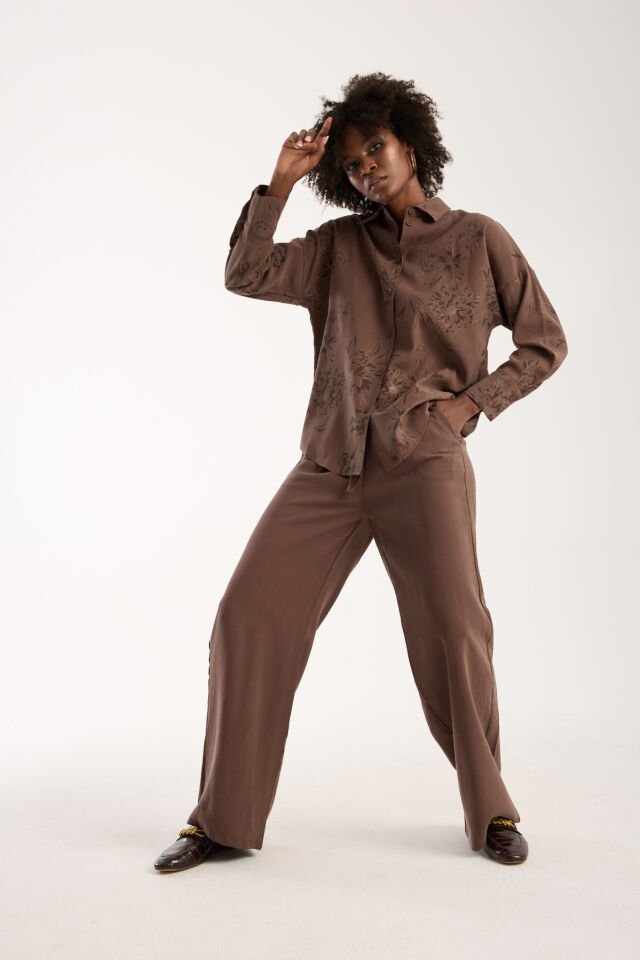 Kadın Desenli ve Dokulu Salaş Alt ve Üst Takım 1200CAR XL - KAHVERENGİ