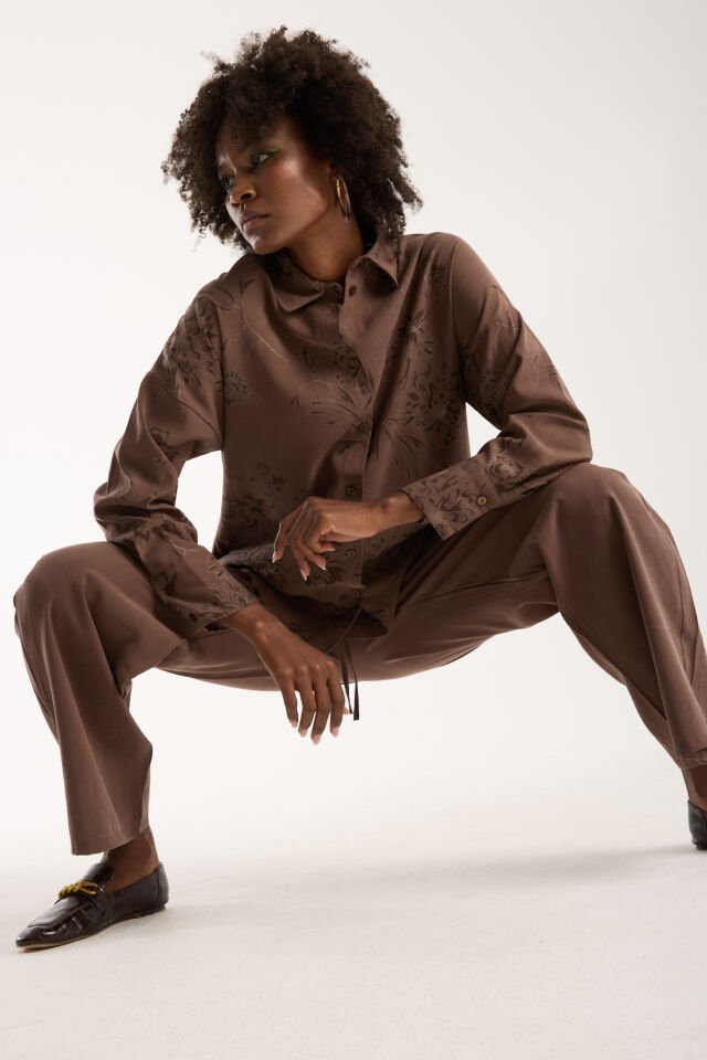 Kadın Desenli ve Dokulu Salaş Alt ve Üst Takım 1200CAR XL - KAHVERENGİ