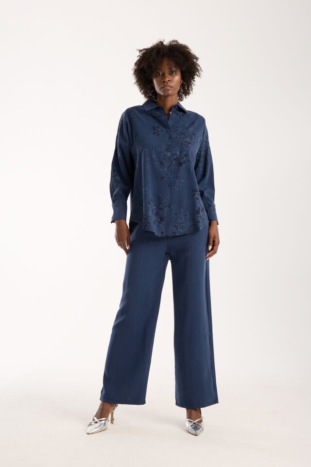 Kadın Desenli ve Dokulu Salaş Alt ve Üst Takım 1200CAR XL - LACİVERT