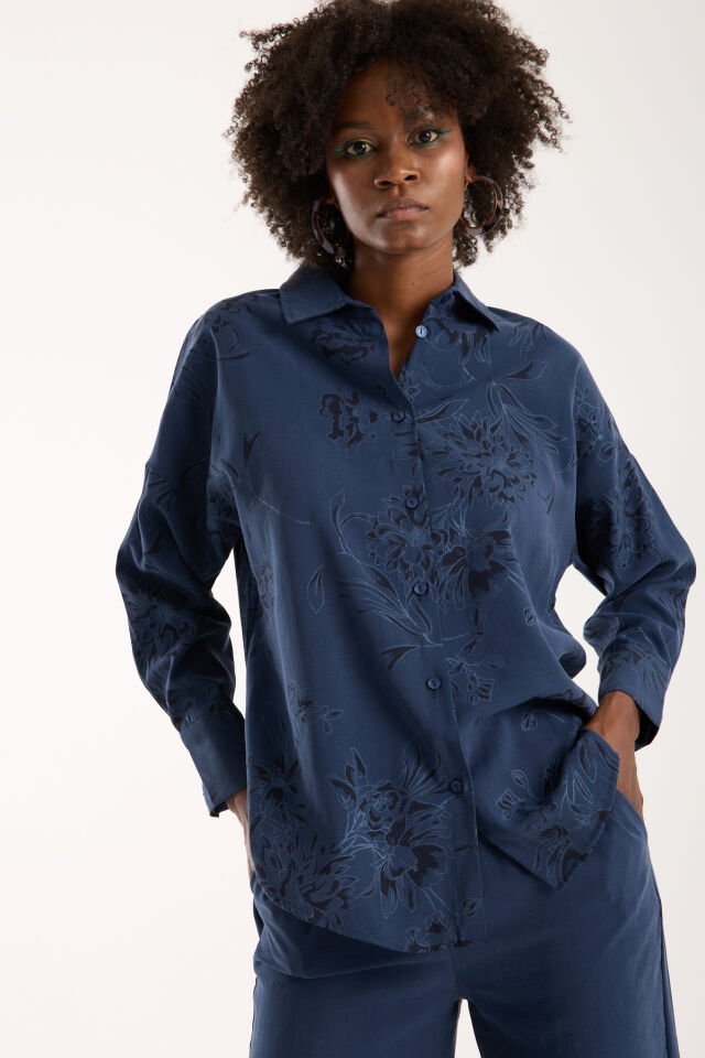 Kadın Desenli ve Dokulu Salaş Alt ve Üst Takım 1200CAR XL - LACİVERT