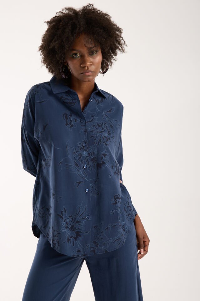 Kadın Desenli ve Dokulu Salaş Alt ve Üst Takım 1200CAR XL - LACİVERT