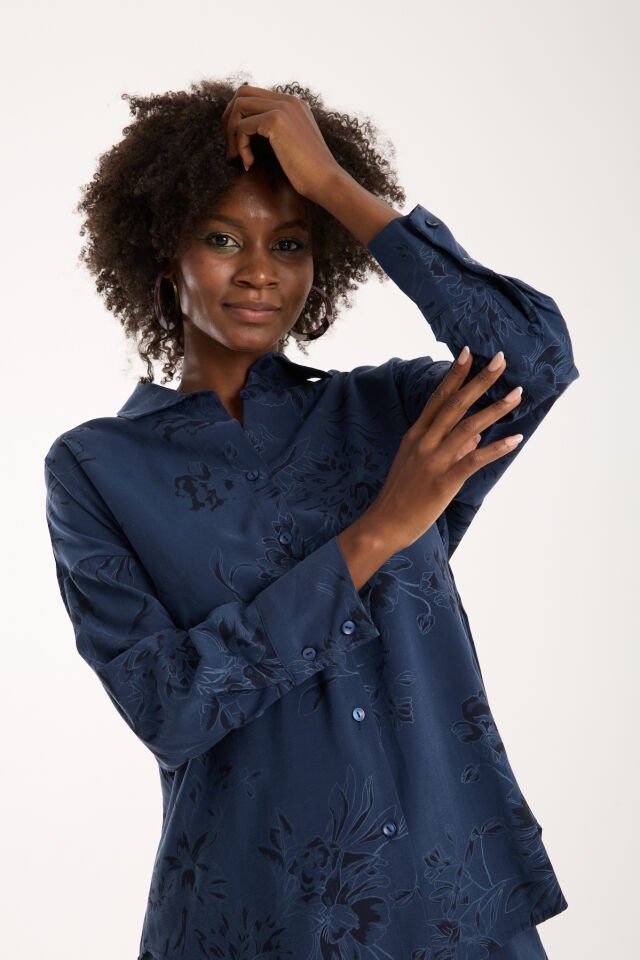 Kadın Desenli ve Dokulu Salaş Alt ve Üst Takım 1200CAR XL - LACİVERT