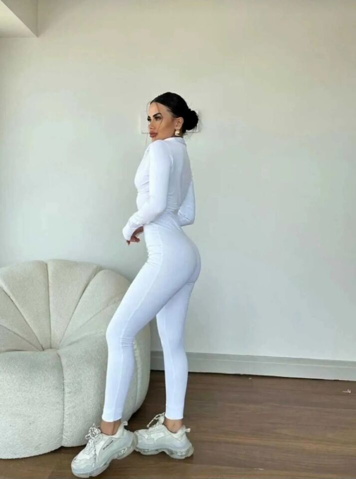 Kadın Beyaz Renk Polarlı Kışlık Uzun Tulum Tayt XS