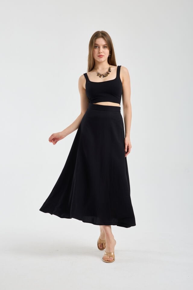 Kadın Dökümlü Yandan Fermuarlı Tesettür Uyumlu Uzun Kloş Etek 2512 XL - SİYAH