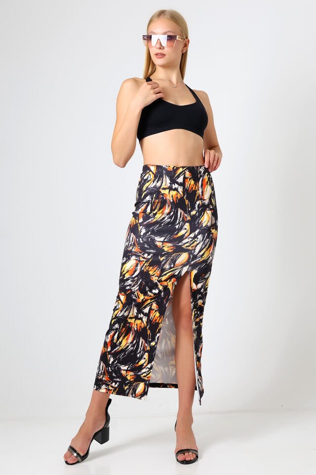 Dalgıç Kumaş Yırtmaçlı Uzun Etek Maxi Boy 92 Cm M - ÇOK RENKLİ ZEBRA DESENLİ