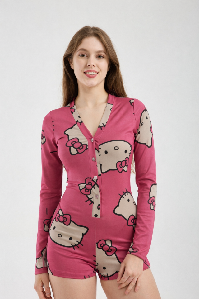 Kadın Düğmeli Esnek Uzun Kol Dalgıç Kumaş Pijama Tulum T4 S - KİTY DESENLİ