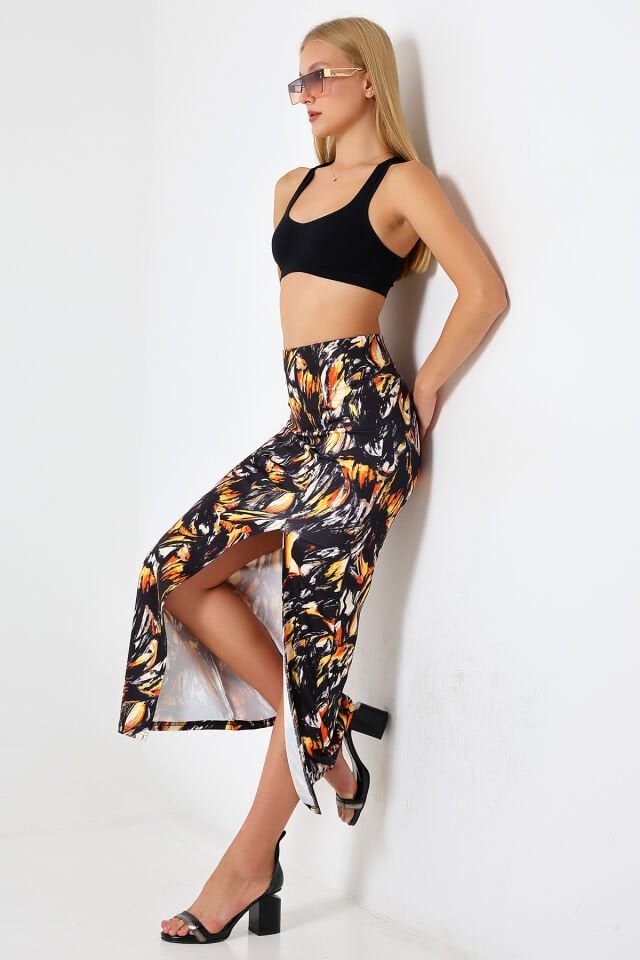 Dalgıç Kumaş Yırtmaçlı Uzun Etek Maxi Boy 92 Cm 2XL - ÇOK RENKLİ ZEBRA DESENLİ