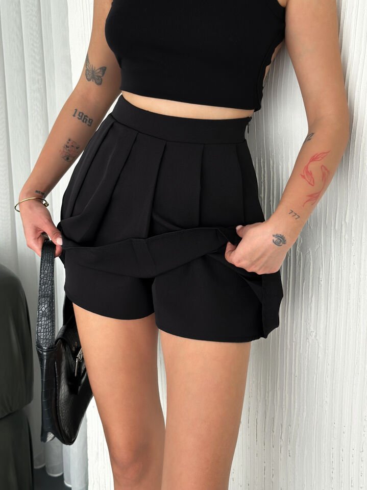 PİLELİ ŞORT ETEK /ÖNDEN ETEK ARKADAN ŞORT / ÖZEL TASARIM ŞORT ETEK M - SİYAH