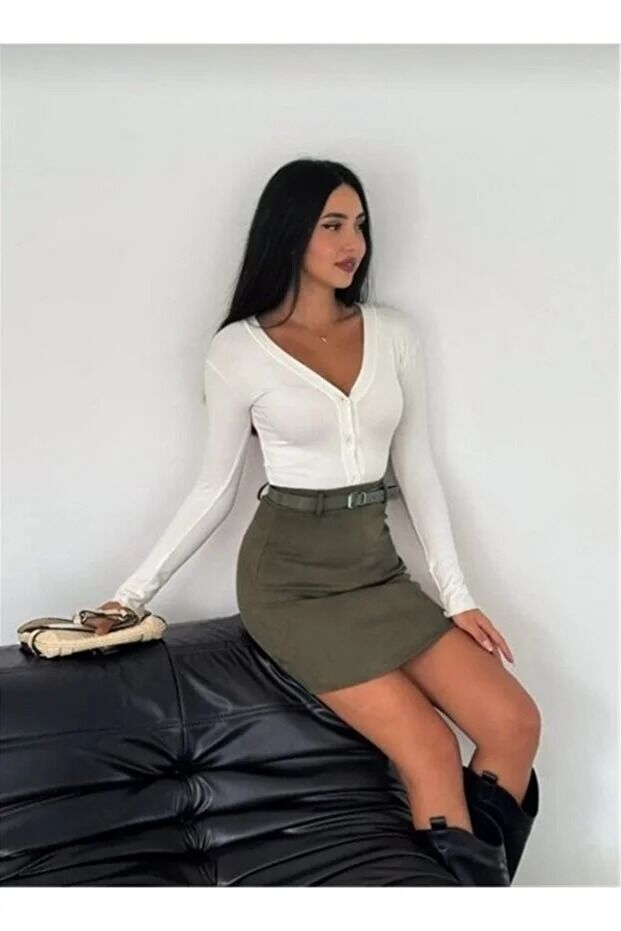 Kadın Kemerli Süet Etek 2368 L - HAKİ