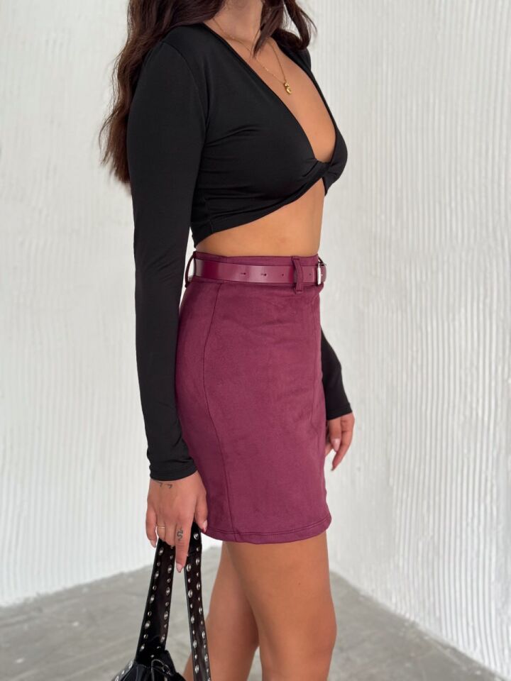 Kadın Kemerli Süet Etek 2368 L - BORDO
