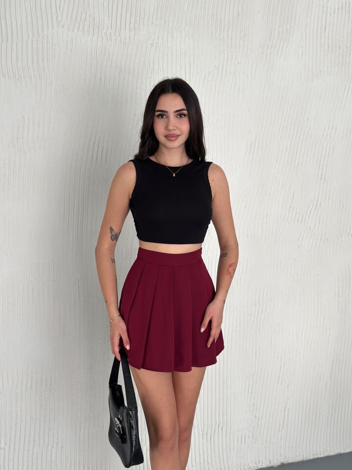 PİLELİ ŞORT ETEK /ÖNDEN ETEK ARKADAN ŞORT / ÖZEL TASARIM ŞORT ETEK M - BORDO