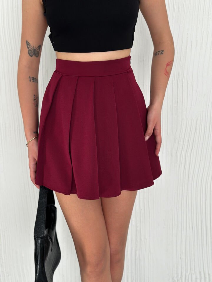 Kadın Pileli Önden Etek Arka Şortlu Özel Üretim  Etek 2477 L - BORDO