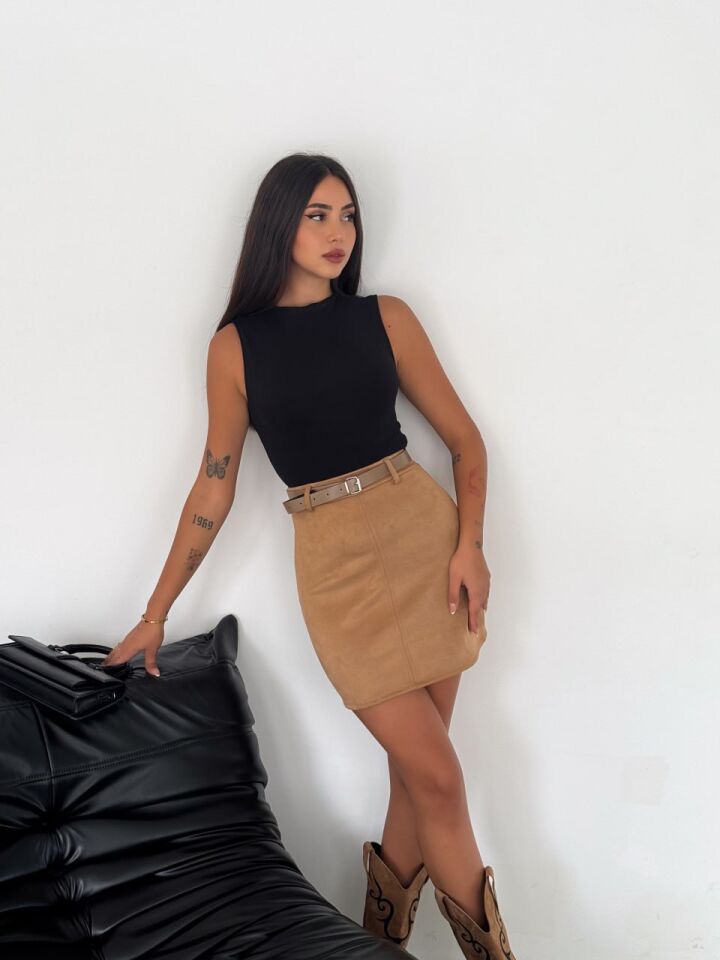 Kadın Kemerli Süet Etek 2368 XS - TABA