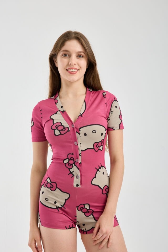 Kadın Düğmeli Esnek Kısa Kol Dalgıç Kumaş Pijama Tulum T4 2XL - KİTY DESENLİ