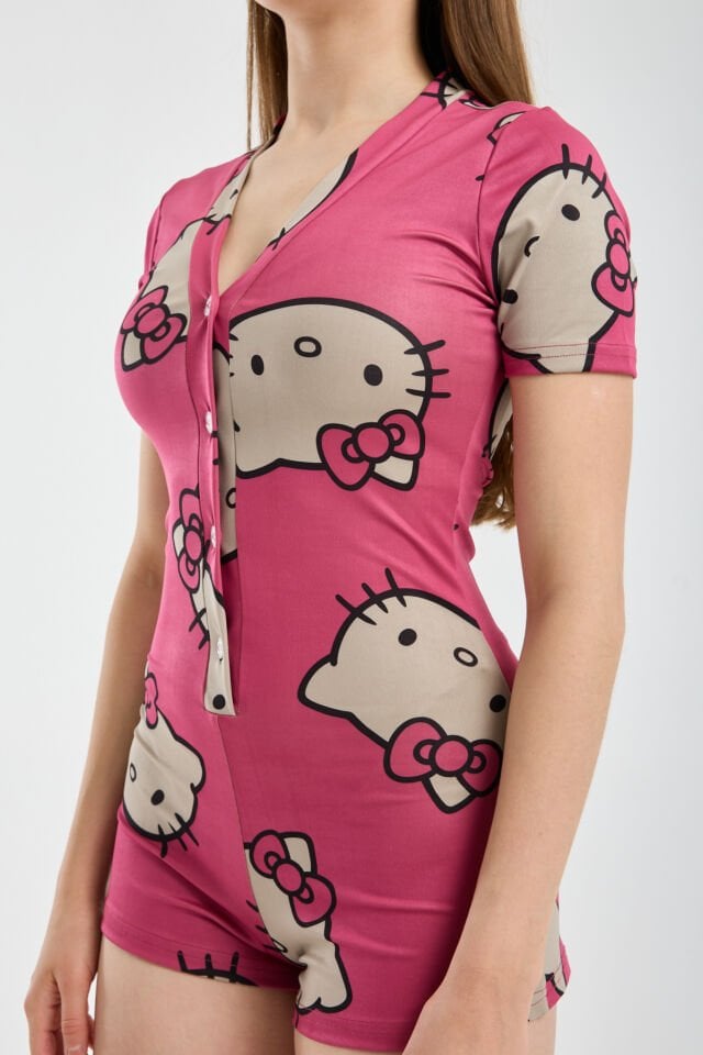 Kadın Düğmeli Esnek Kısa Kol Dalgıç Kumaş Pijama Tulum T4 2XL - KİTY DESENLİ