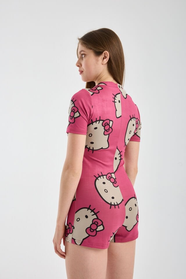 Kadın Düğmeli Esnek Kısa Kol Dalgıç Kumaş Pijama Tulum T4 2XL - KİTY DESENLİ